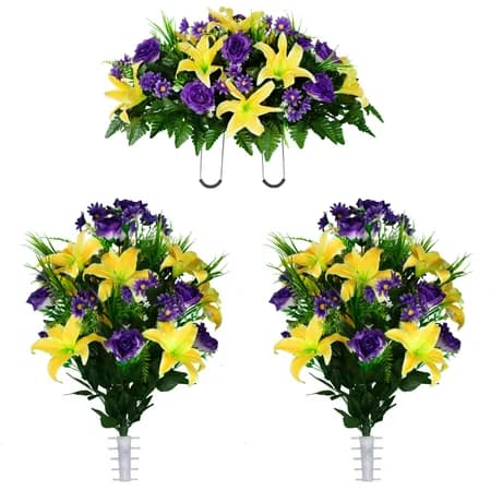 Yellow Lily with Purple Roses and Daisies Saddle with 2 Bouquet - View 1