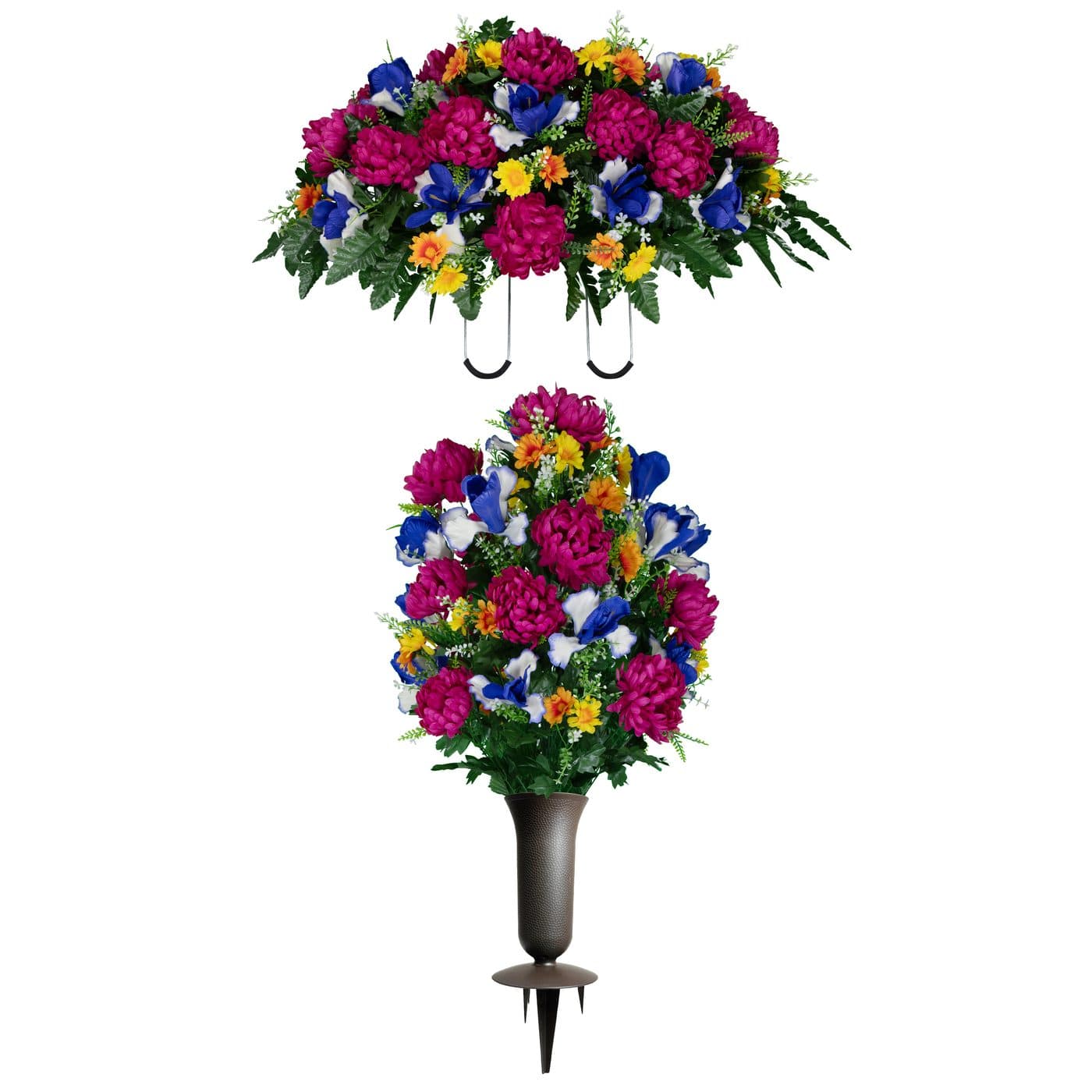 Fuchsia Mums with Blue Iris Saddle with (1) Bouquet and (1) Sympathy Silks Vase