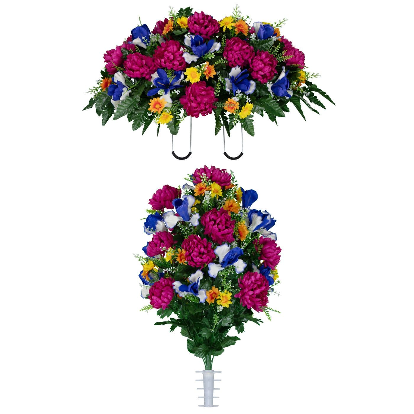 Fuchsia Mums with Blue Iris Saddle with (1) Bouquet - View 1