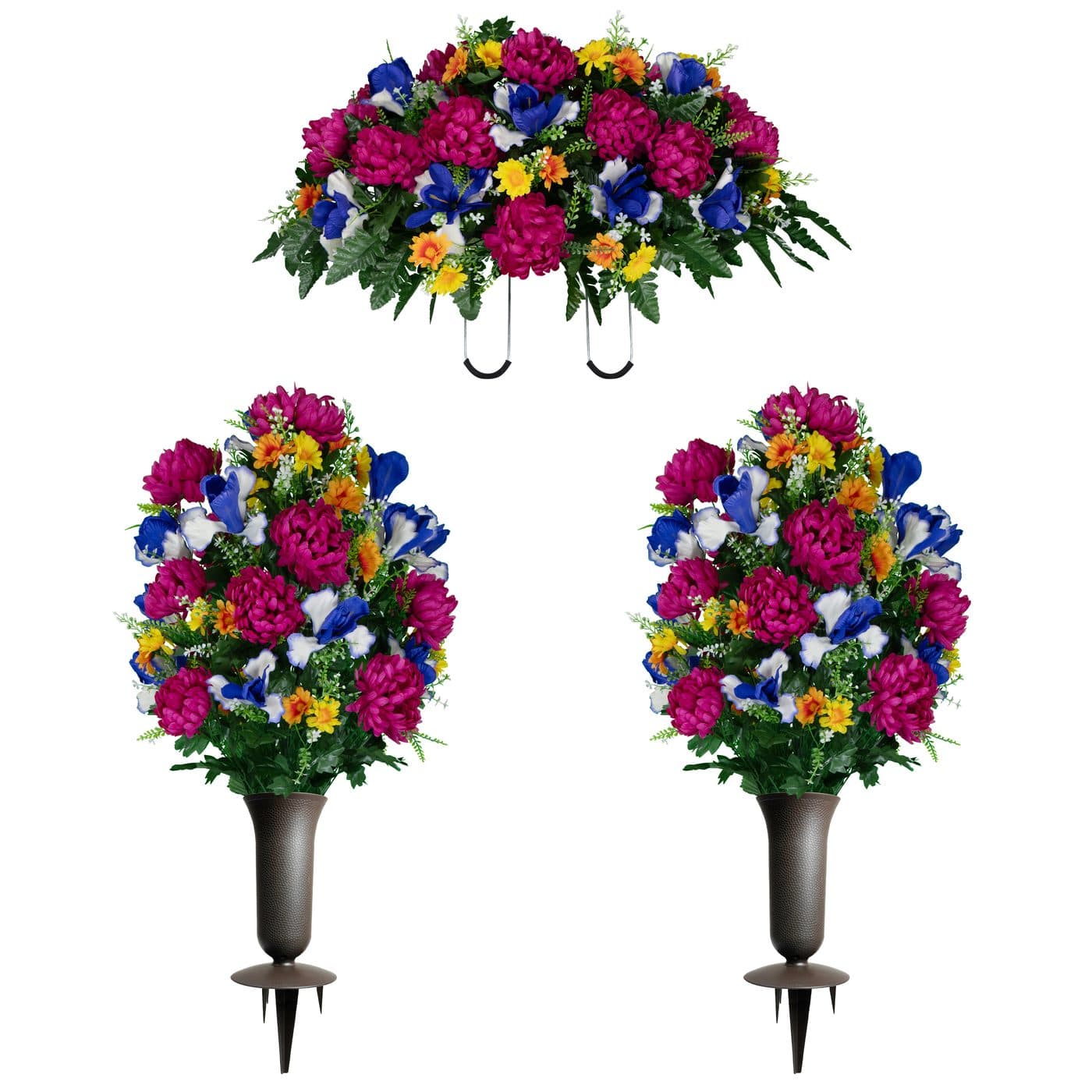 Fuchsia Mums with Blue Iris Saddle with (2) Bouquets and (2) Sympathy Silks Vases - View 1