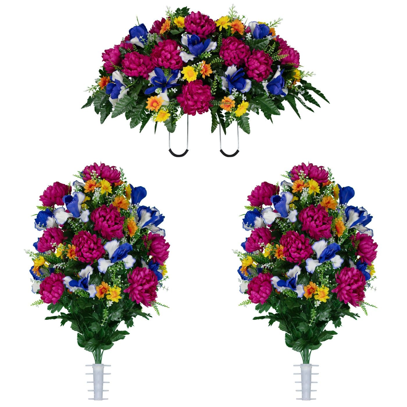 Fuchsia Mums with Blue Iris Saddle with (2) Bouquets - View 1