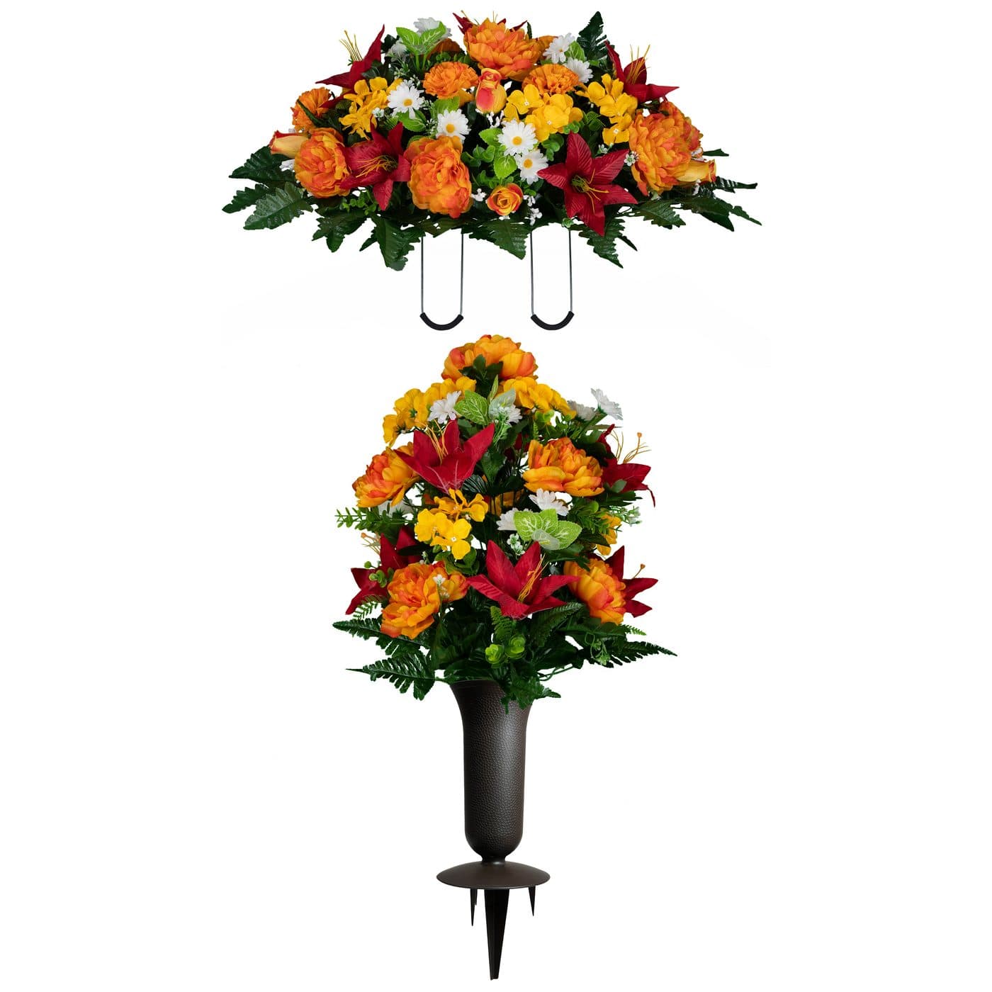 Red Lily and Sunrise Peony Saddle with (1) Bouquet and (1) Sympathy Silks Vase - View 1