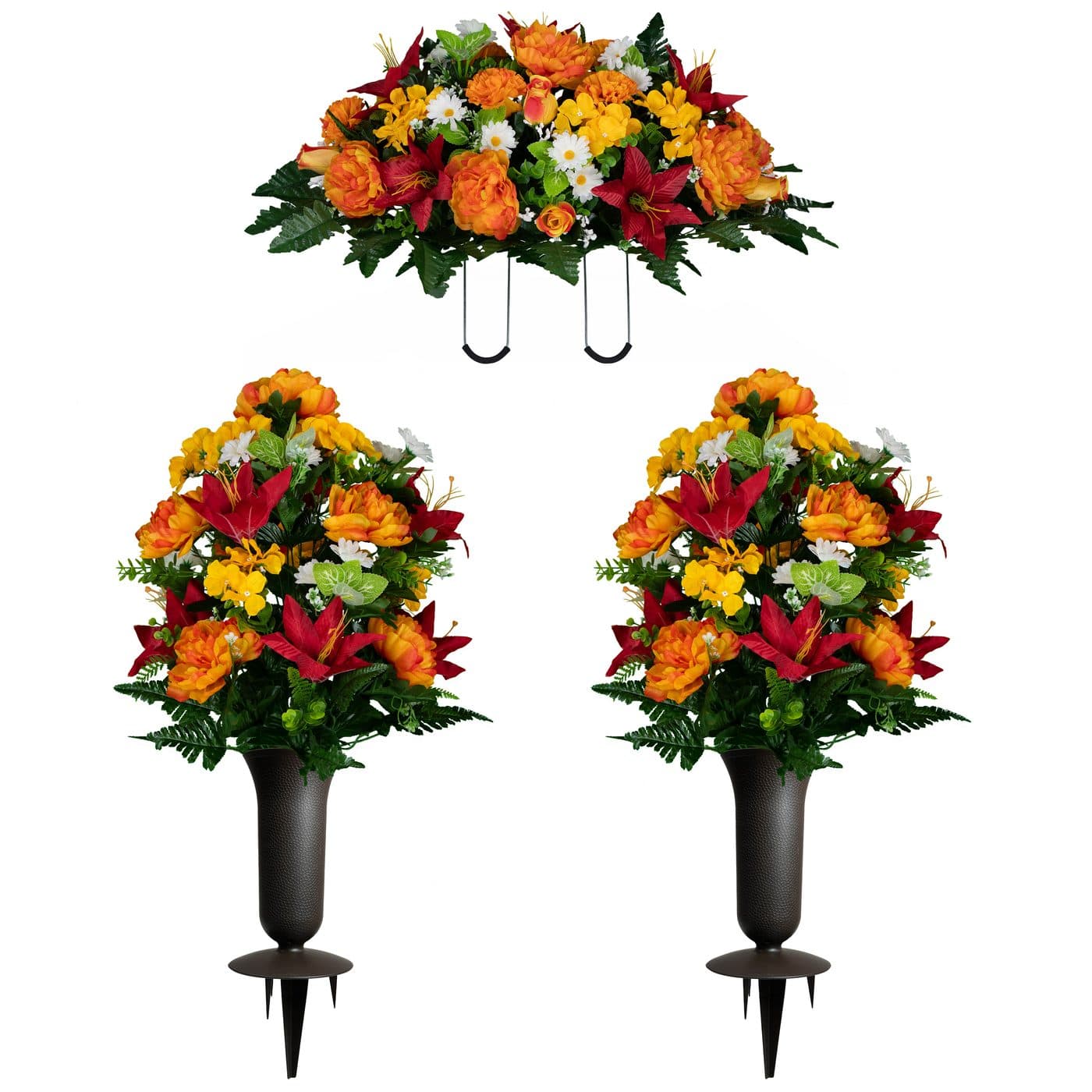 Red Lily and Sunrise Peony Saddle with (2) Bouquet and (2) Sympathy Silks Vases - View 1