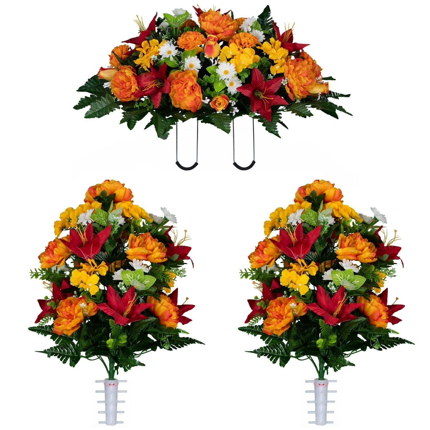 Red Lily and Sunrise Peony Saddle with (2) Bouquets - View 1
