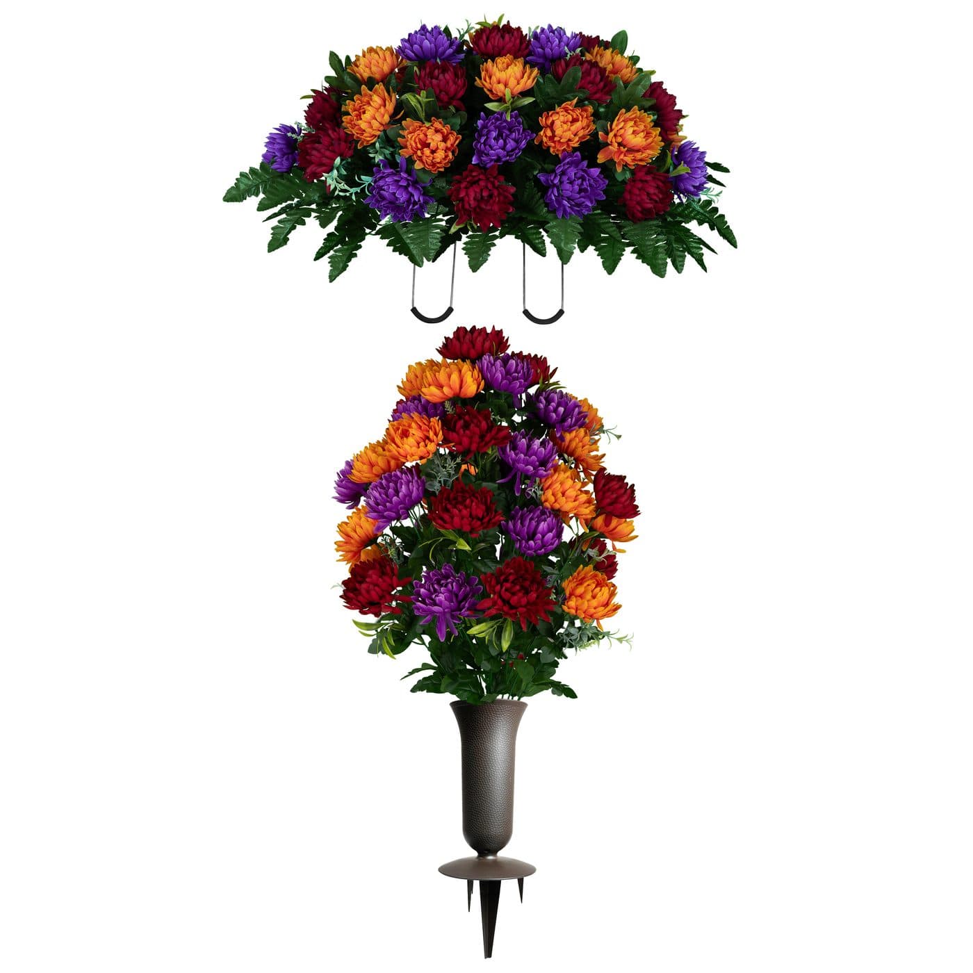 Burgundy, Orange, and Purple Mums Saddle with (1) Bouquet and (1) Sympathy Silks Vase