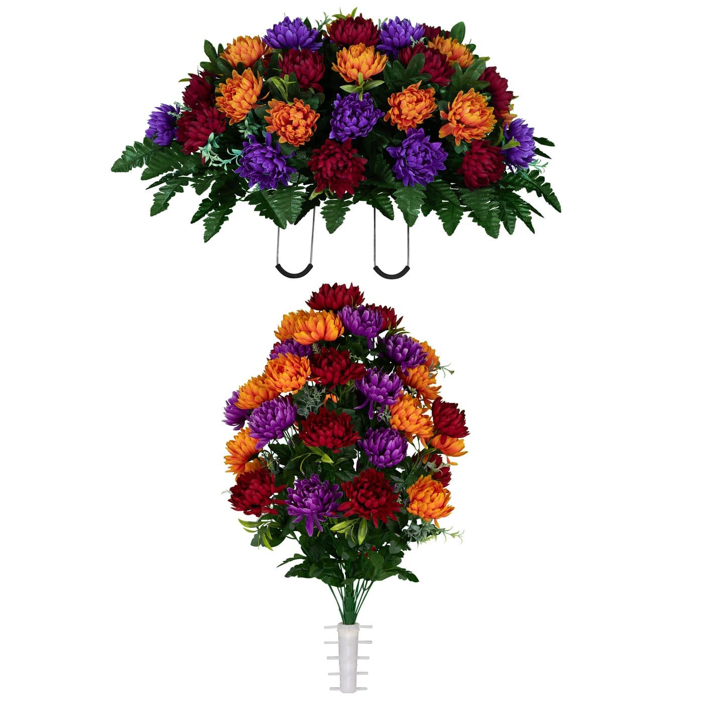 Burgundy, Orange, and Purple Mums Saddle with (1) Bouquet - View 1