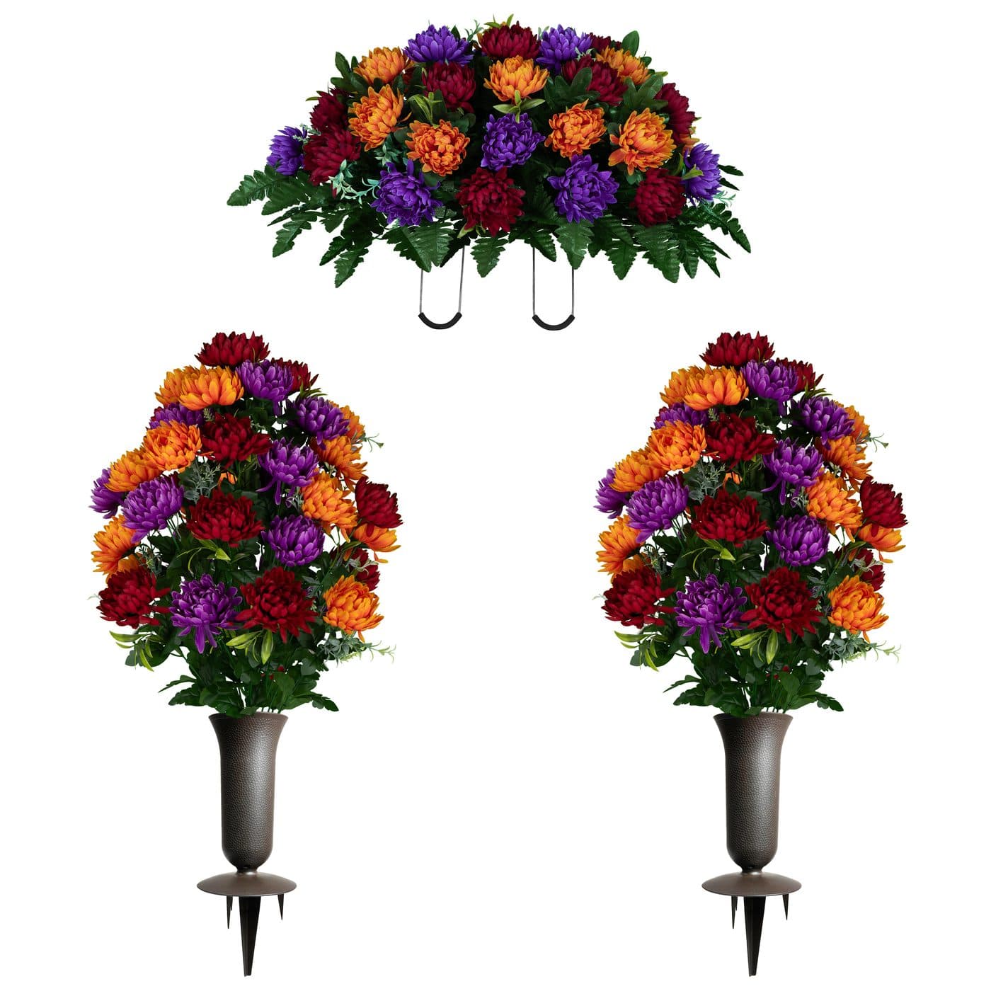 Burgundy, Orange, and Purple Mums Saddle with (2) Bouquets and (2) Sympathy Silks Vases