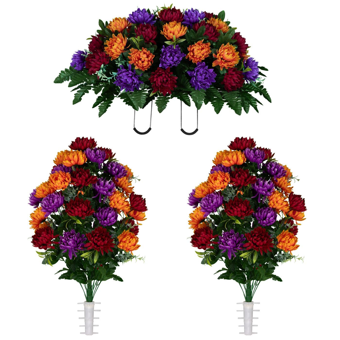 Burgundy, Orange, and Purple Mums Saddle with (2) Bouquets - View 1