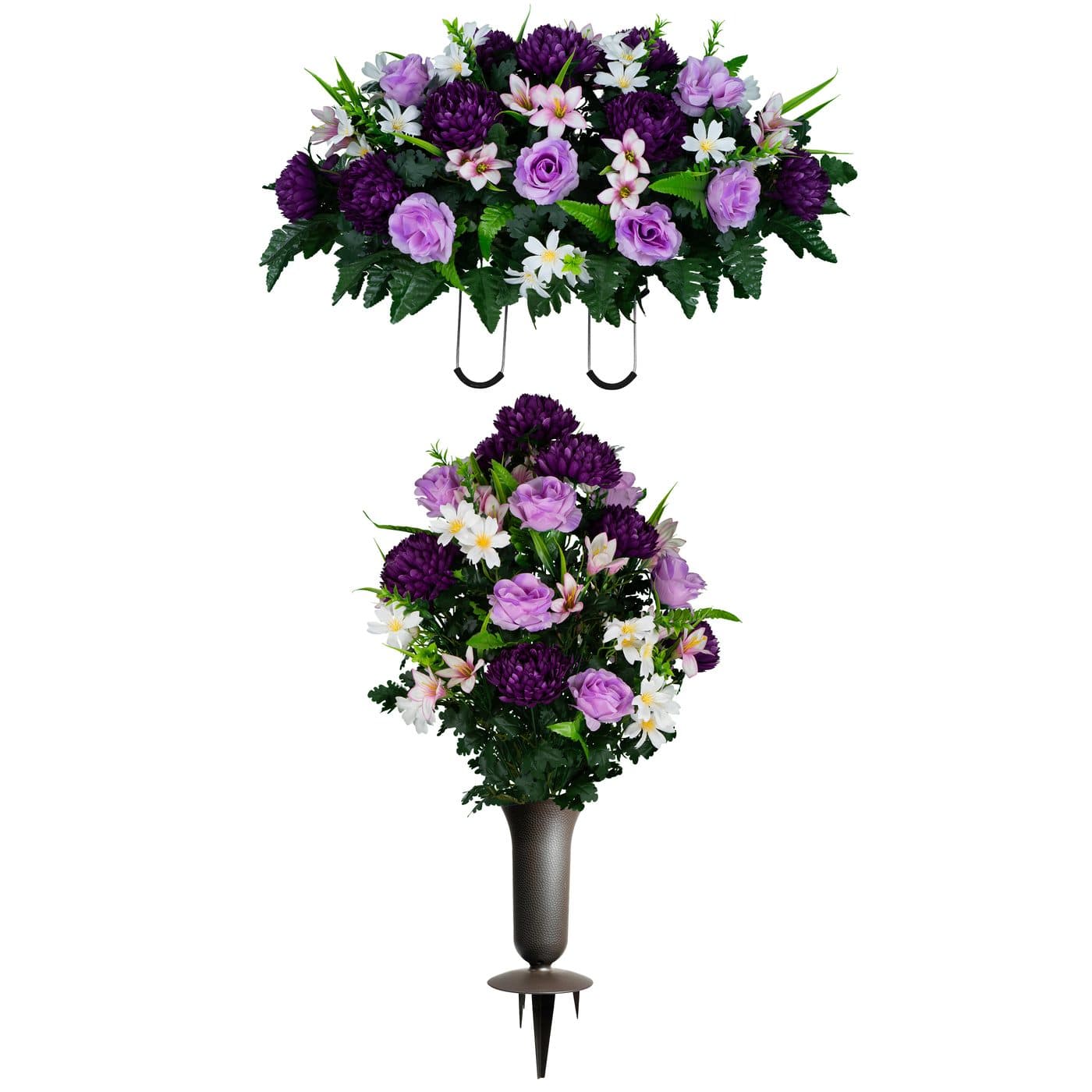 Lavender Roses and Rain Lilies with Purple Mums Saddle with (1) Bouquet and (1) Sympathy Silks Vase - View 1