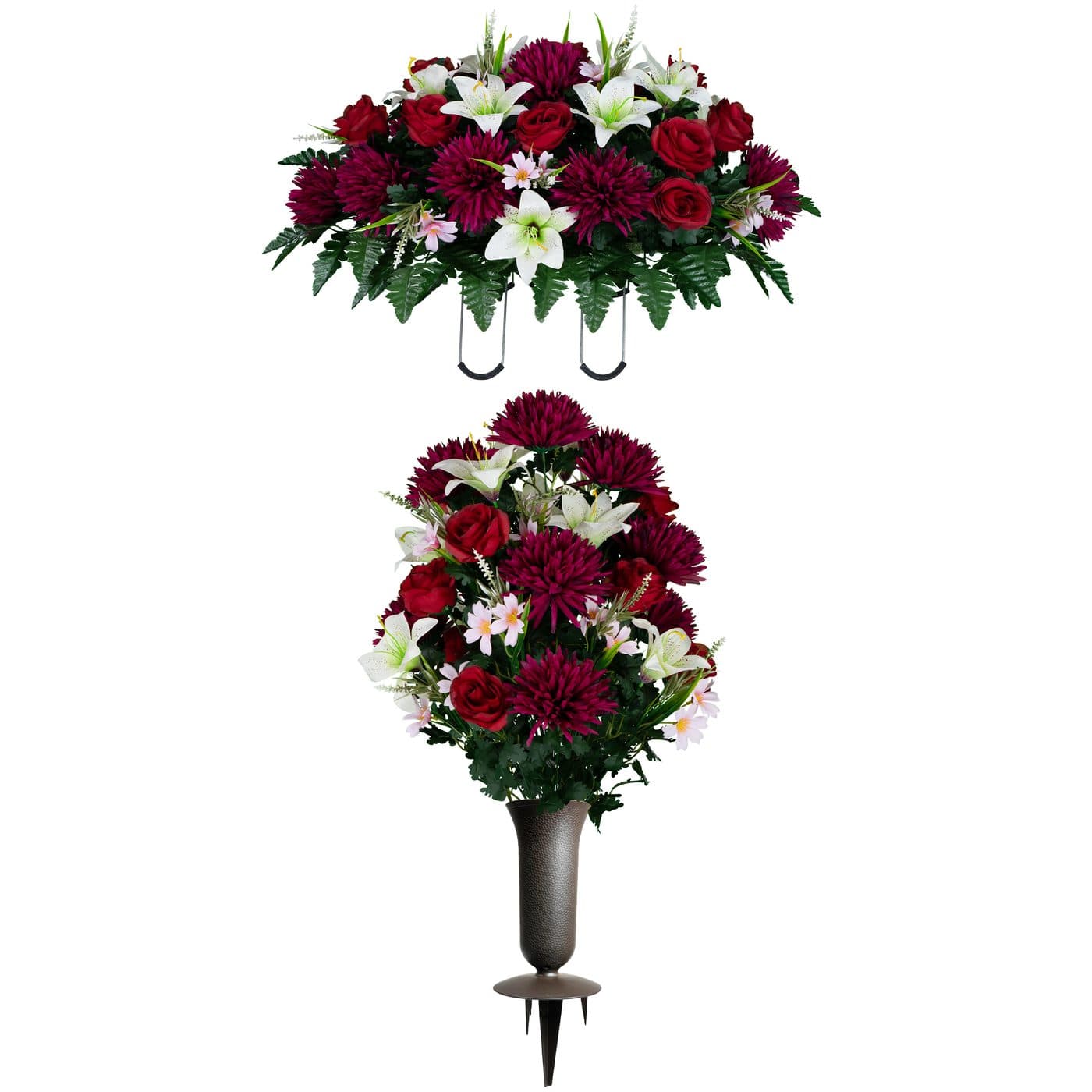 White Stargazer Lilies with Red Roses and Burgundy Mums Saddle with (1) Bouquet and (1) Vase