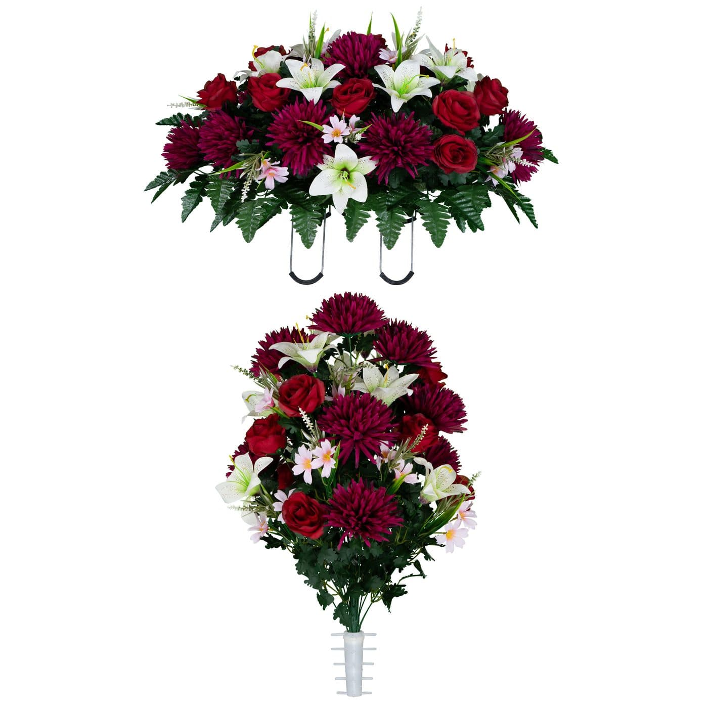 White Stargazer Lilies with Red Roses and Burgundy Mums Saddle with (1) Bouquet