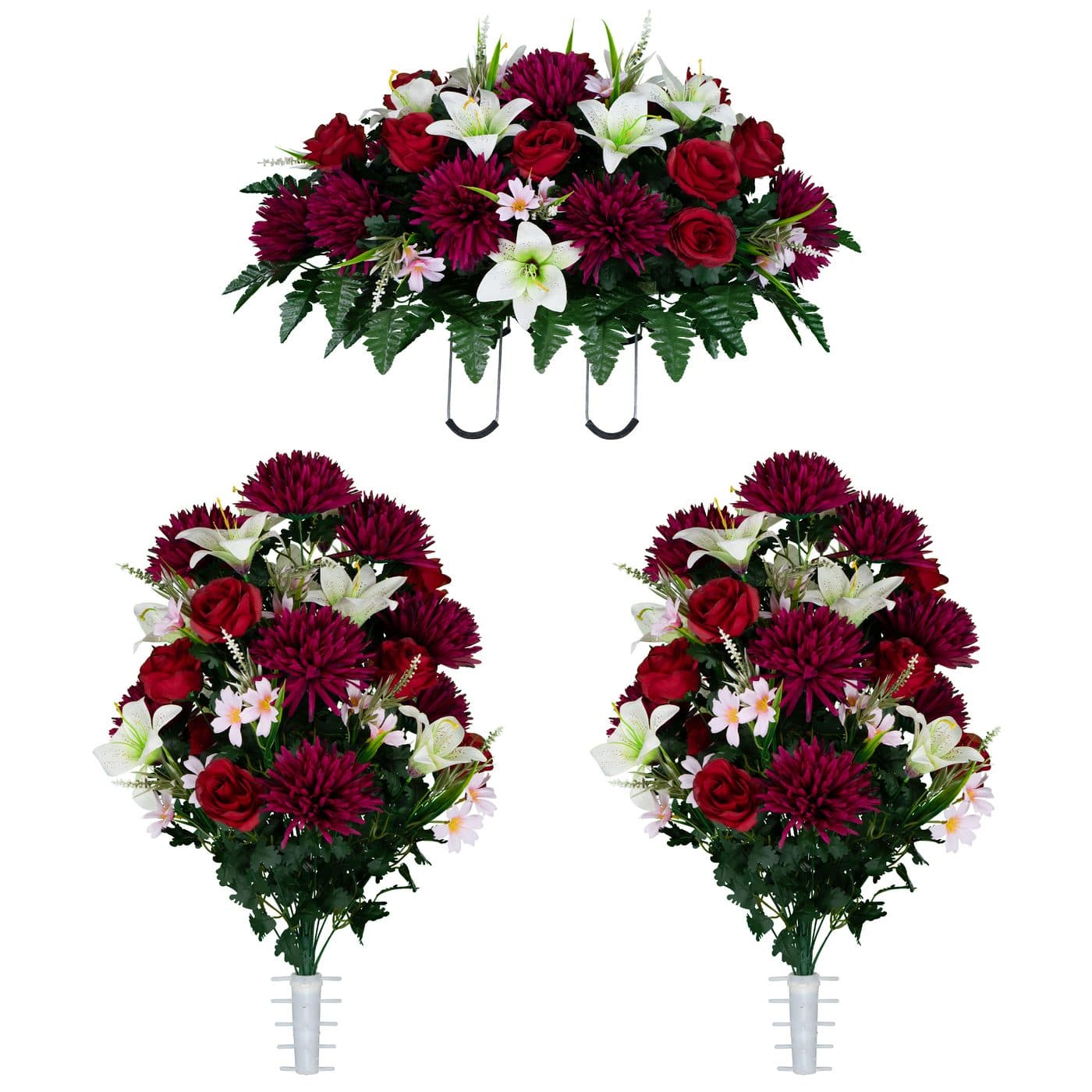 White Stargazer Lilies with Red Roses and Burgundy Mums Saddle with (2) Bouquets