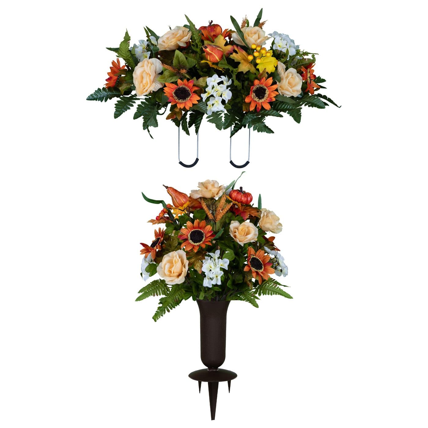 Auburn Sunflower and Pumpkin Mix Saddle with (1) Bouquet and (1) Sympathy Silks Vase