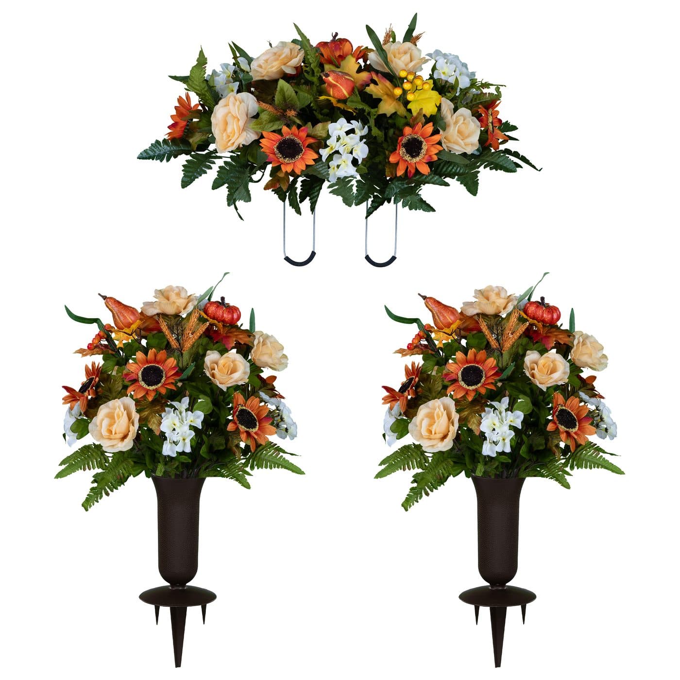 Auburn Sunflower and Pumpkin Mix Saddle with (2) Bouquets and (2) Sympathy Silks Vases - View 1
