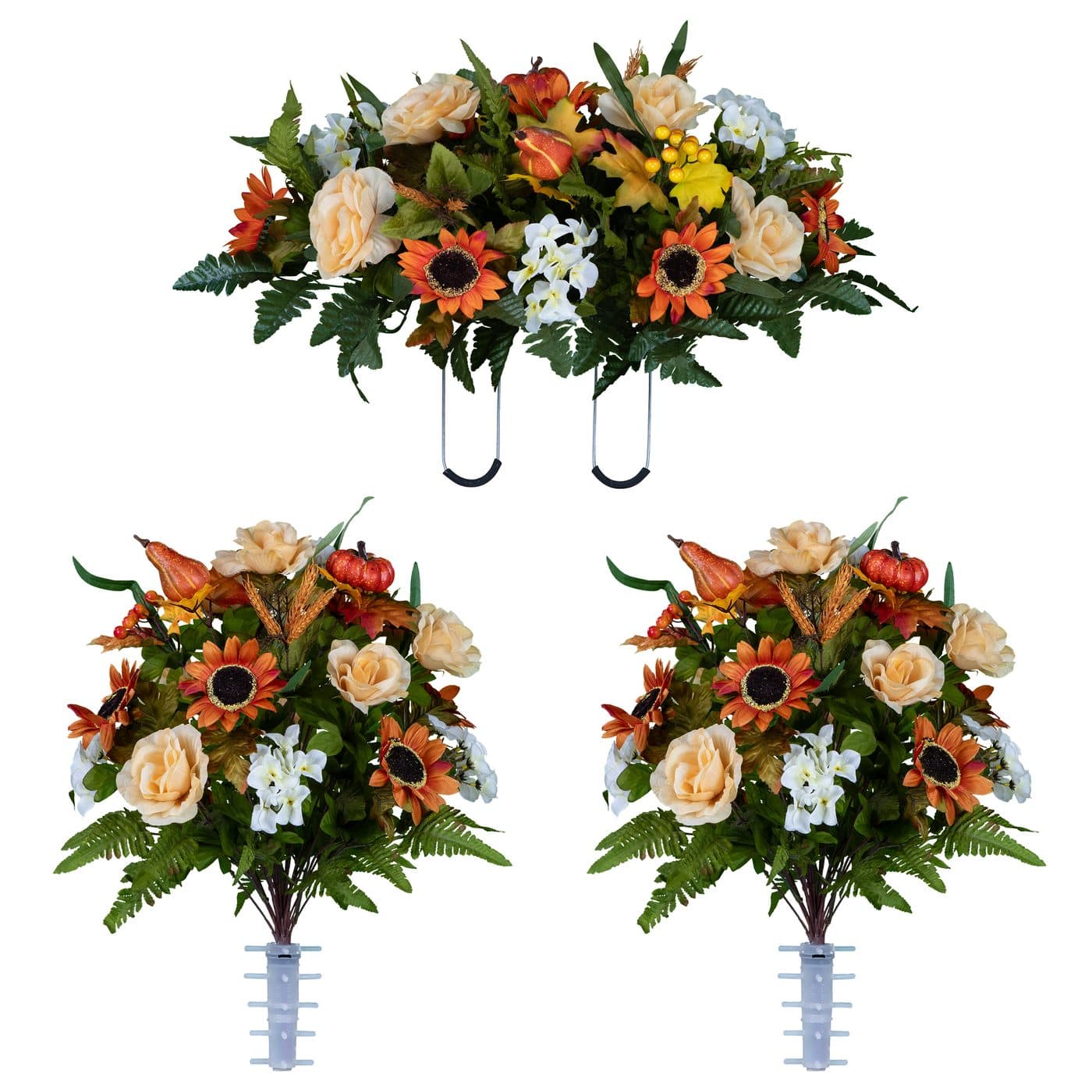 Auburn Sunflower and Pumpkin Mix Saddle with (2) Bouquets - View 1