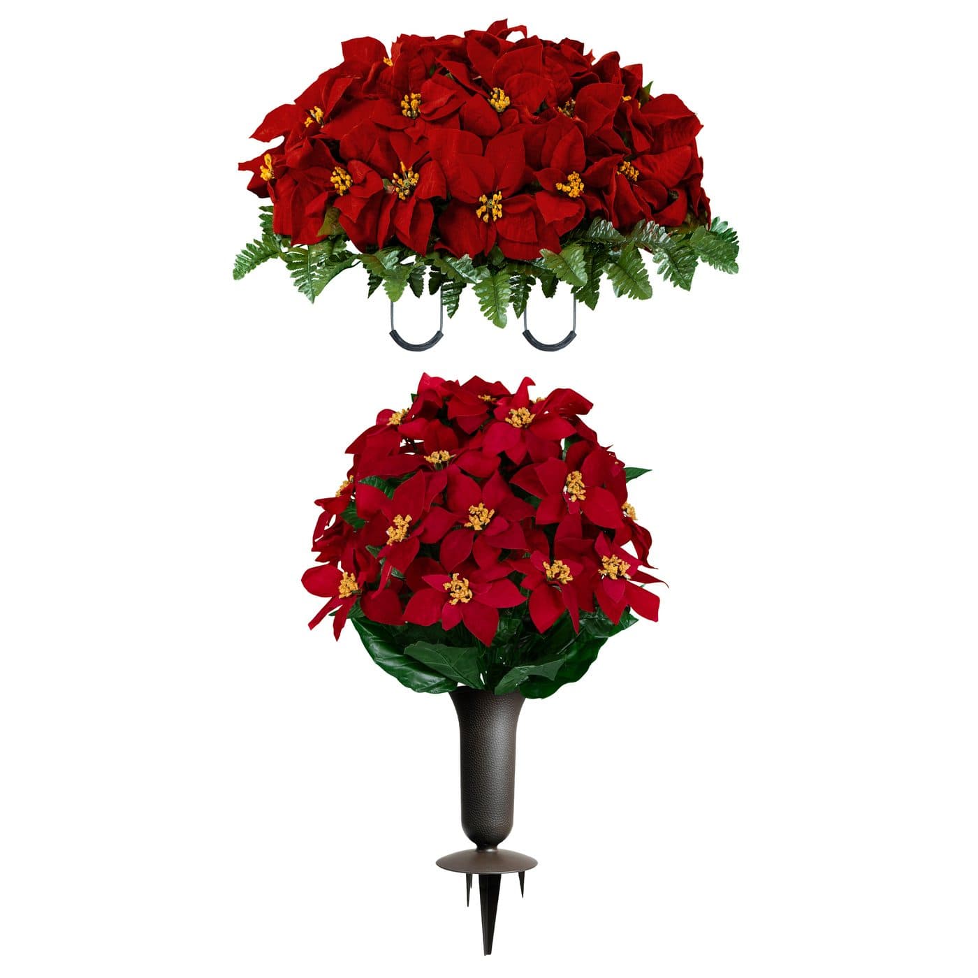 Red Poinsettia Saddle with 1 Bouquet and 1 Sympathy Silks Vase