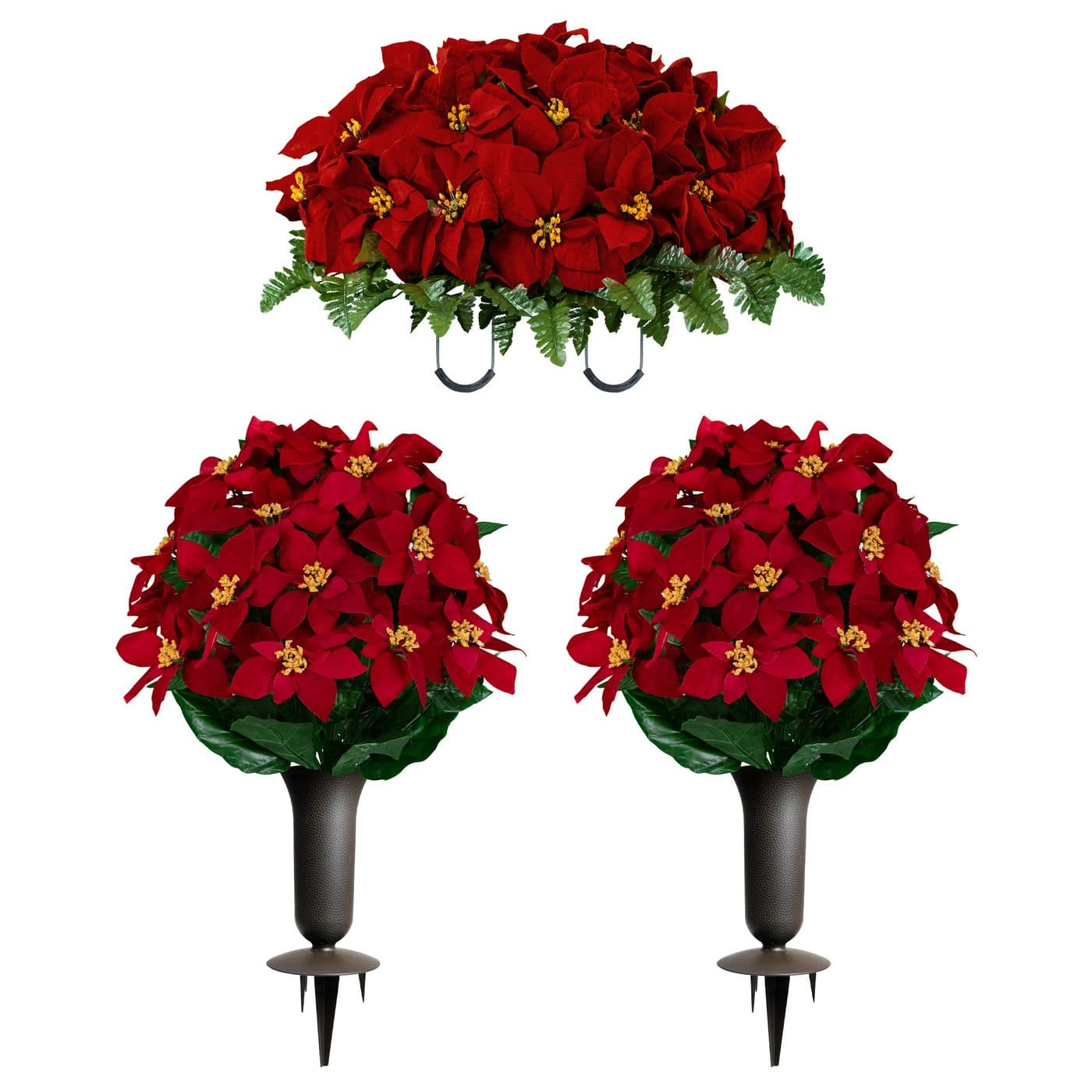 Red Poinsettia Saddle with 2 Bouquets and 2 Sympathy Silks Vases - View 1