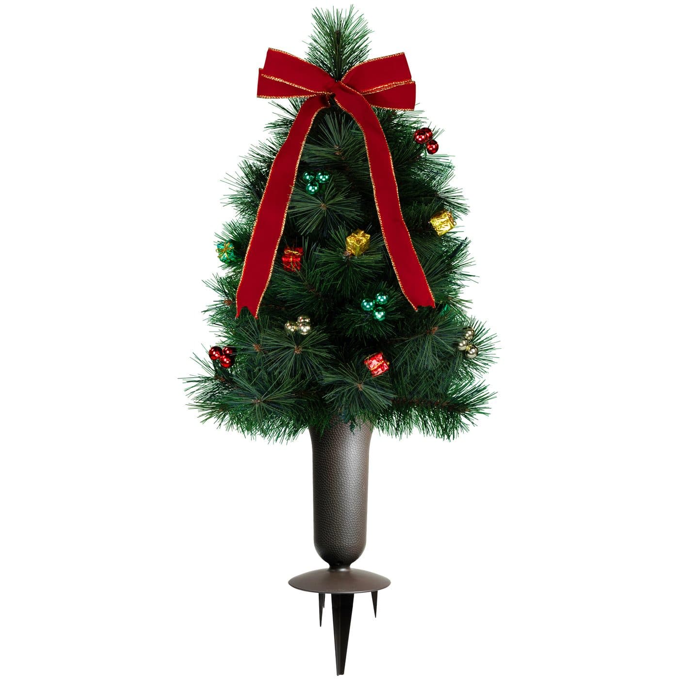 Christmas Tree with Multi Colored Decorations with Sympathy Silks Plastic Grave Vase with Spikes - View 1