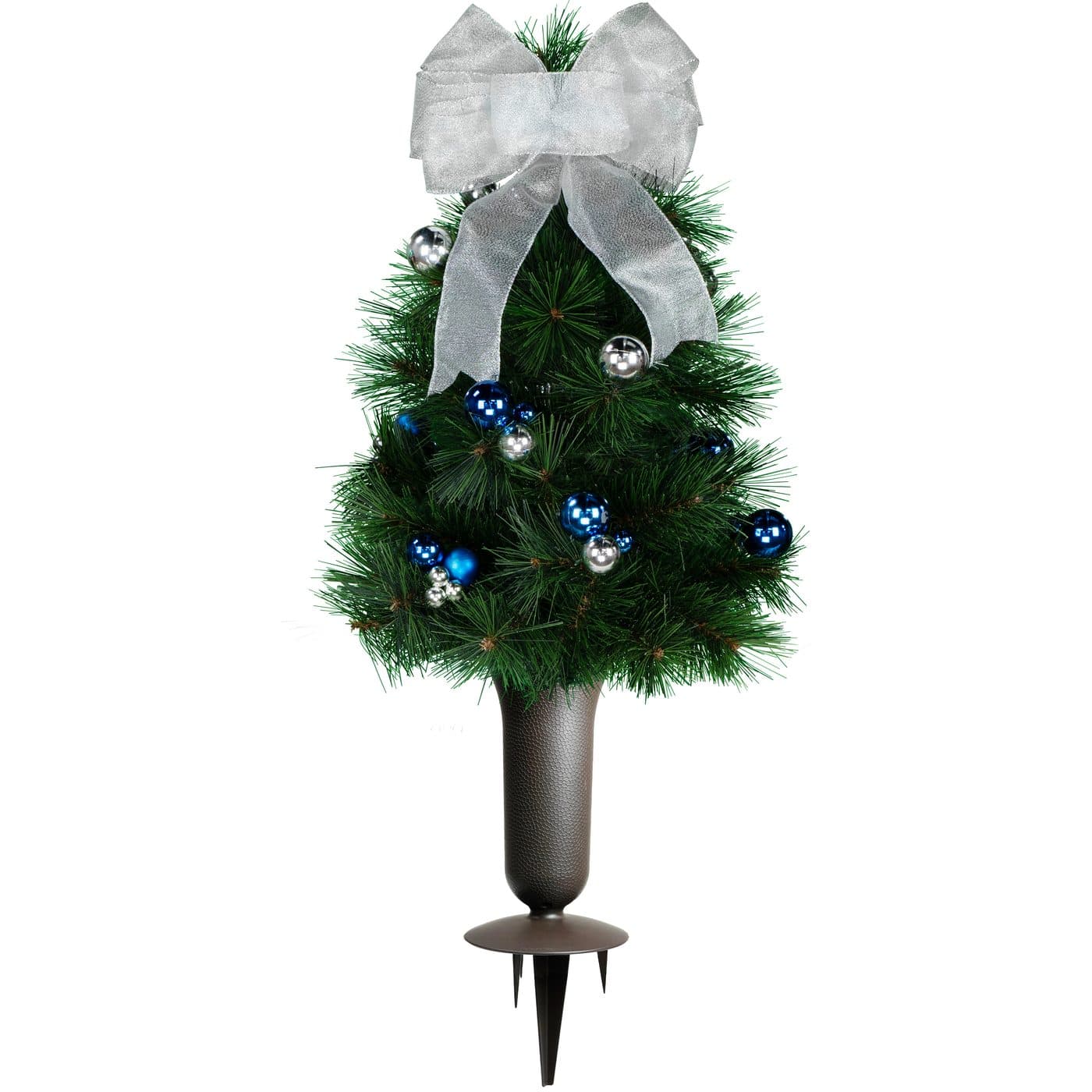 Blue and Silver Christmas Tree with Bow with Sympathy Silks Plastic Grave Vase with Spikes - View 1
