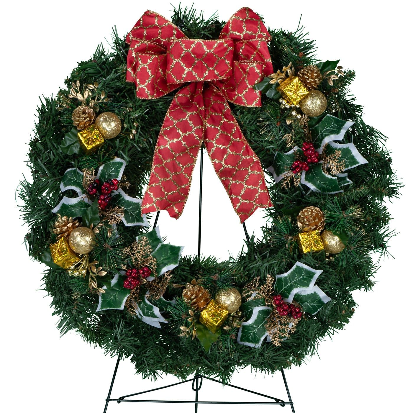 Gold Packages and Holly with Red Glitter Bow - View 1