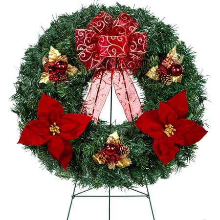 Poinsettias and Gold Leaf Ornaments with Red Glitter Bow - View 1