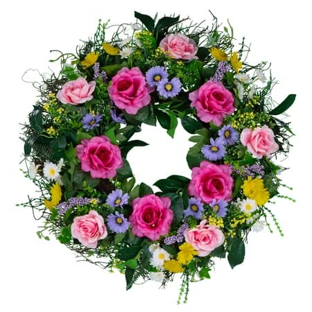 Pink Rose and Multicolored Daisies Grapevine Wreath