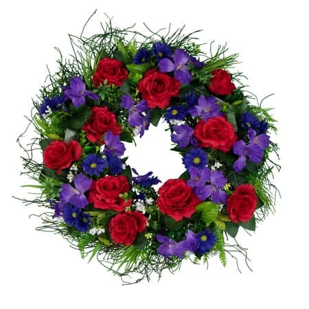 Purple Daisies and Red Roses Grapevine Wreath - View 1