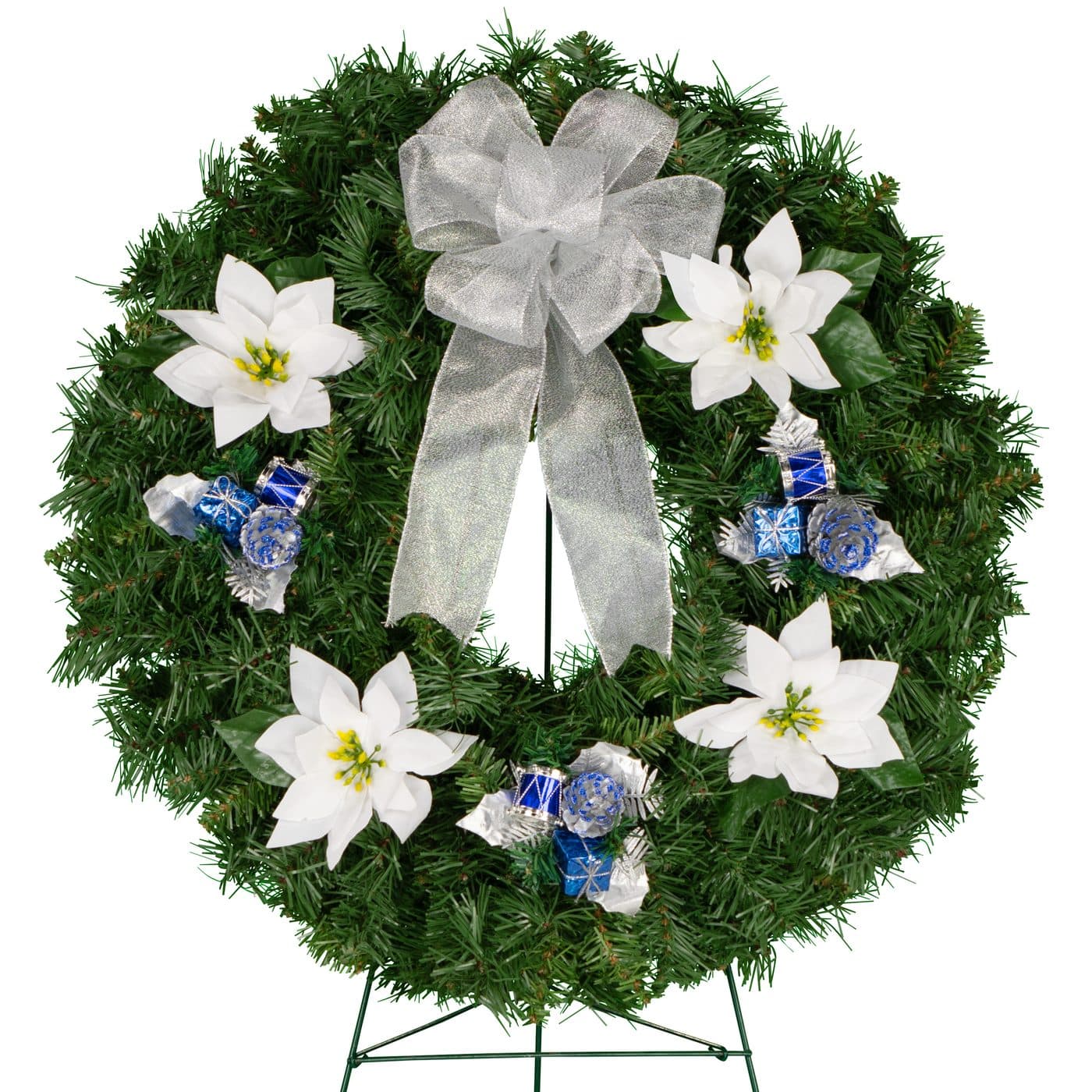 Blue with White Poinsettia and Silver Bow - View 1