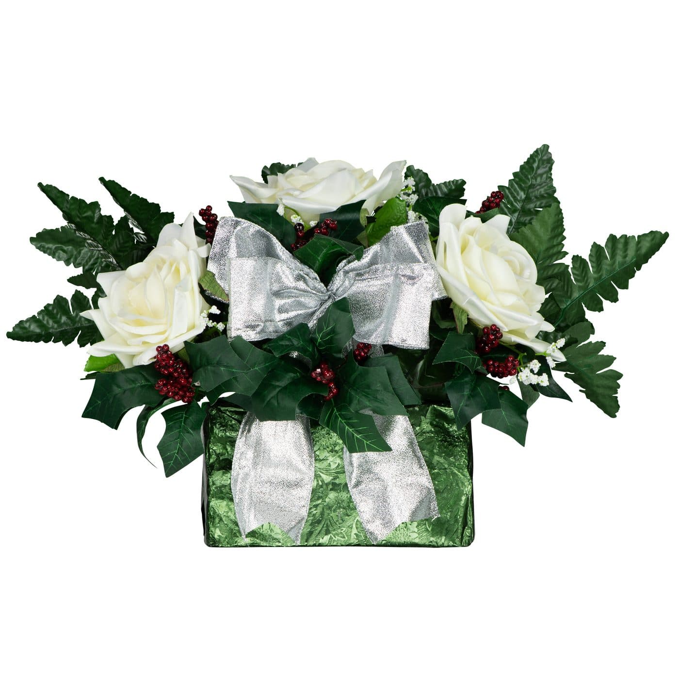 Cream Roses with Holly and Silver Bow