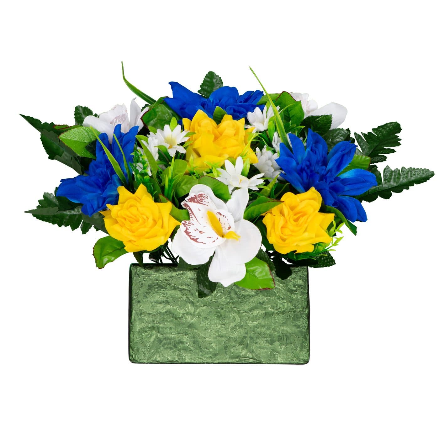 Blue Dahlia and Yellow Rose with White Orchid Mix
