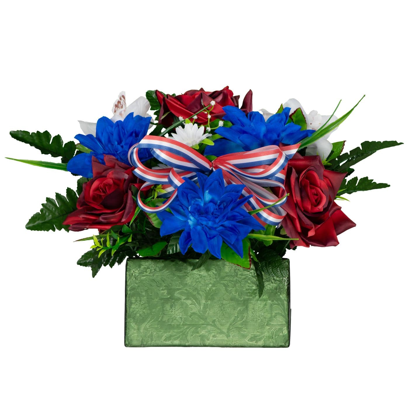 Red Open Roses White Orchids and Blue Dahlias with Bow - View 1