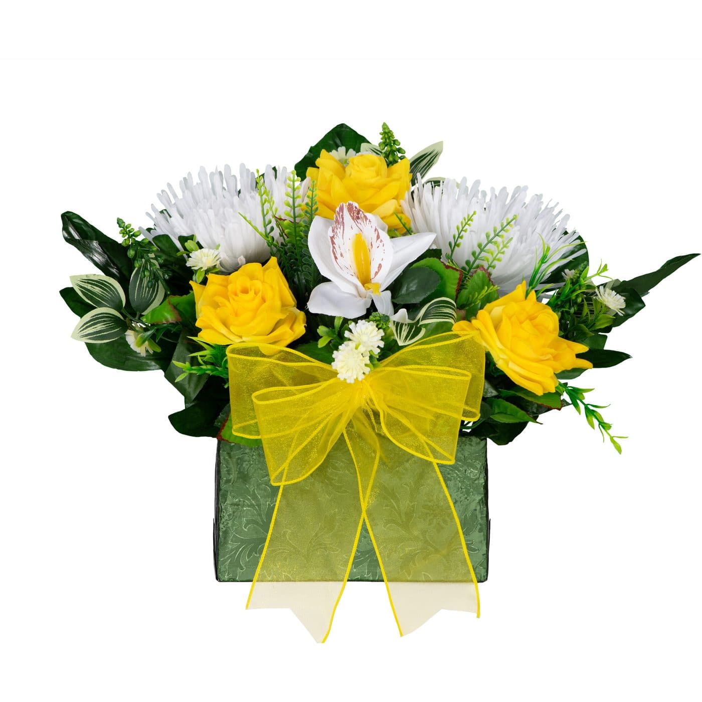 Yellow and White Mix with Greenery and Yellow Bow - View 1