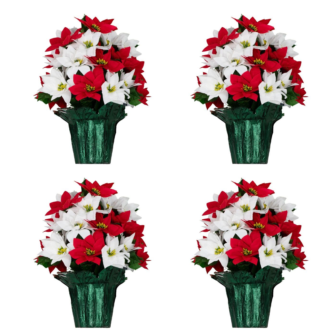 Red and White Christmas Poinsettias Artificial Potted Arrangement - 4 Pack Special Offer