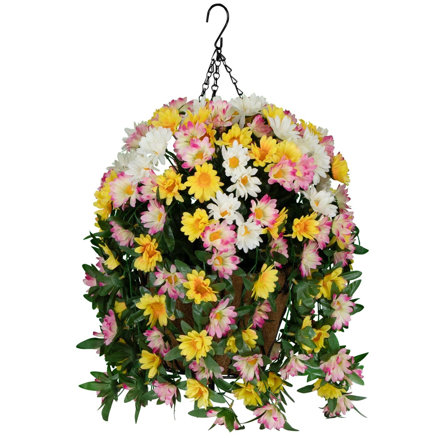 Yellow White and Pink Daisies Hanging Basket - View 1