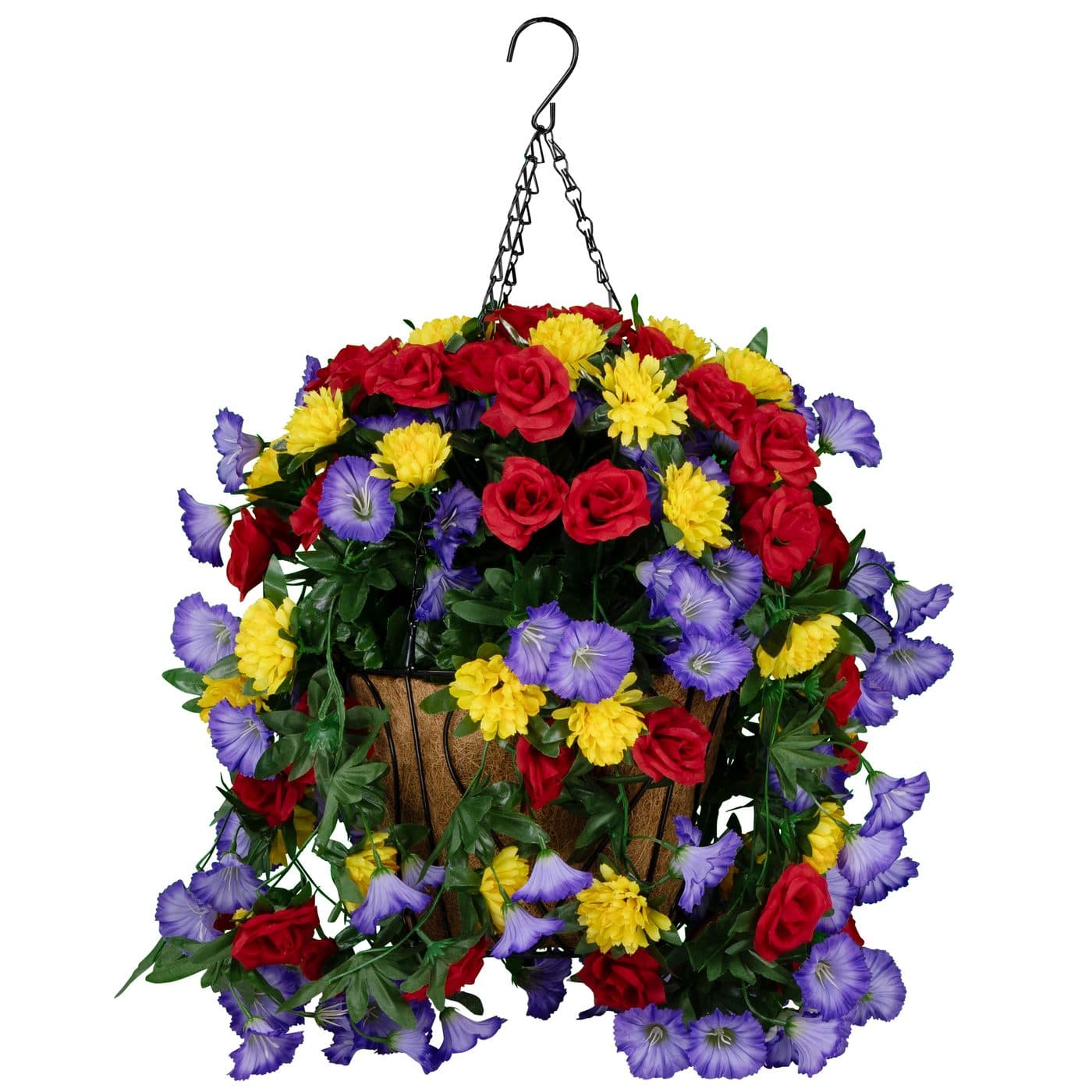 Red Roses Purple Morning Glories and Yellow Mums Hanging Basket