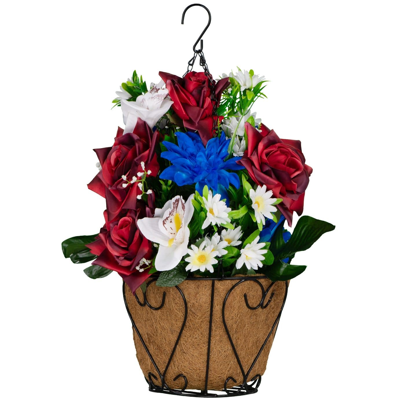 Red Roses with White Orchids and Blue Dahlias - View 1
