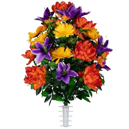 Orange Peony Purple Lilies and Yellow Daisies - View 1