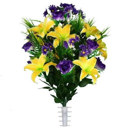 Yellow Lily with Purple Roses and Daisies - View 1
