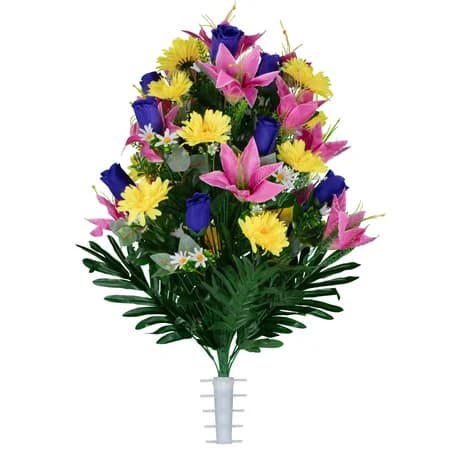 Pink Lilies with Yellow Daisies and Purple Roses - View 1