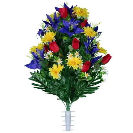 Purple Lilies with Yellow Daisies and Red Roses - View 1