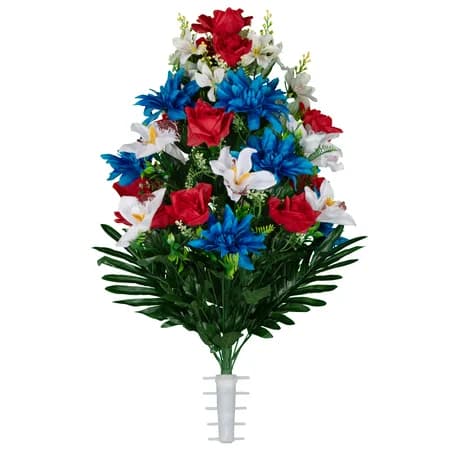 Red Roses with White Orchids and Blue Dahlias - View 1