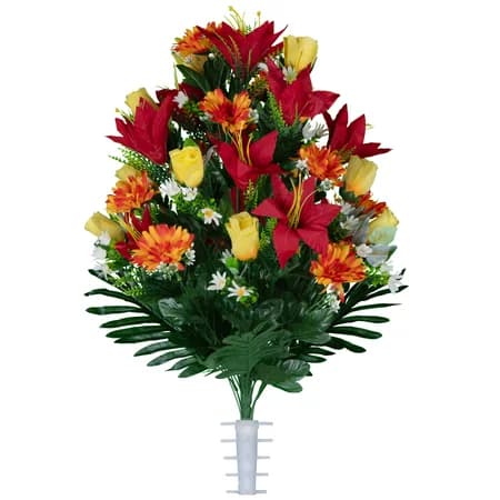 Red Lilies with Sunrise Daisies and Yellow Roses Bouquet - View 1