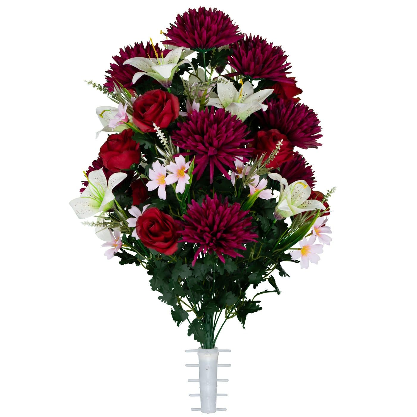 White Stargazer Lilies with Red Roses and Burgundy Mums - View 1