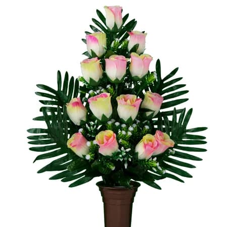 Cream Pink Rose with Palm Leaves