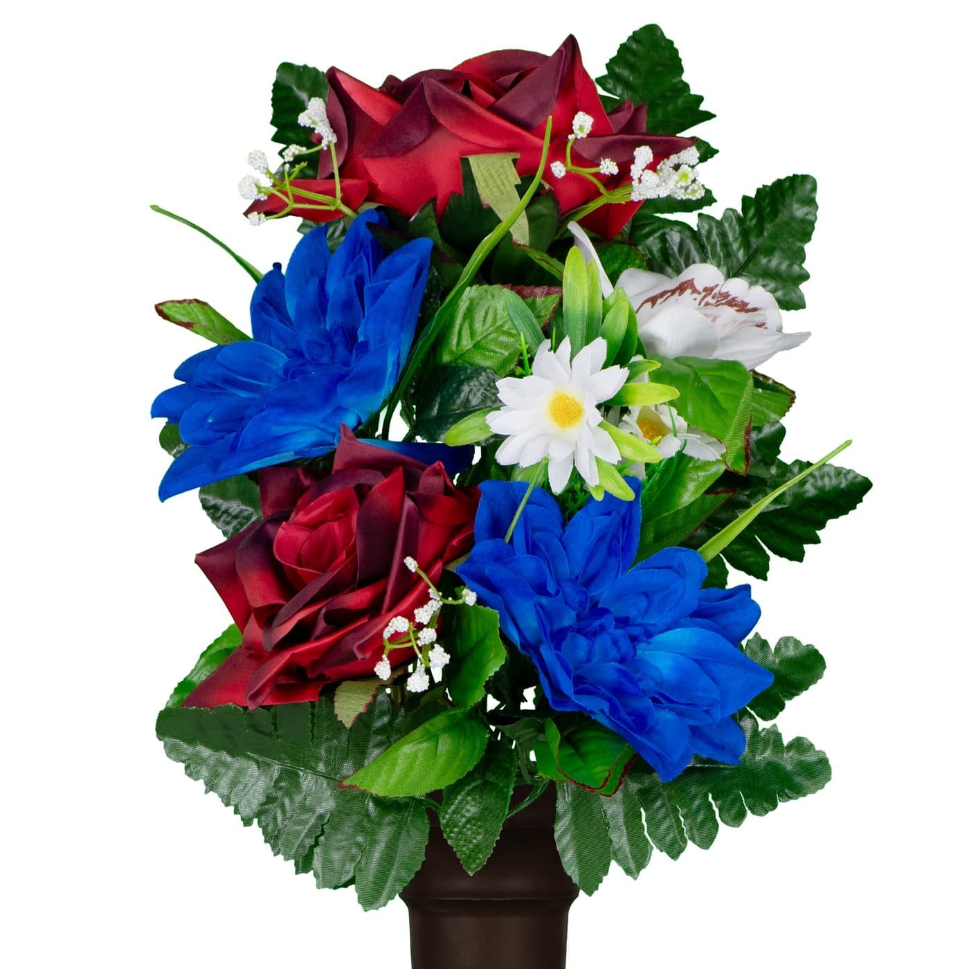 Red Open Roses White Orchids and Blue Dahlias