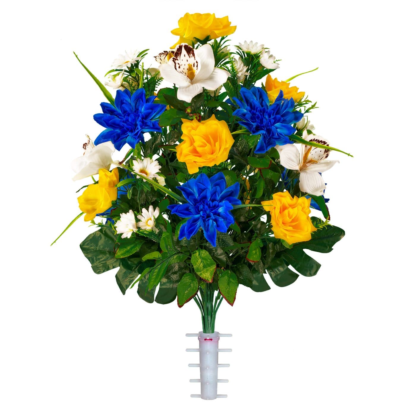 Blue Dahlia Yellow Rose and White Orchid Mix
