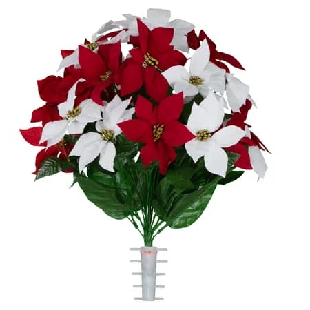 Red and White Poinsettias with Gold Glitter in Georgia Grey granite