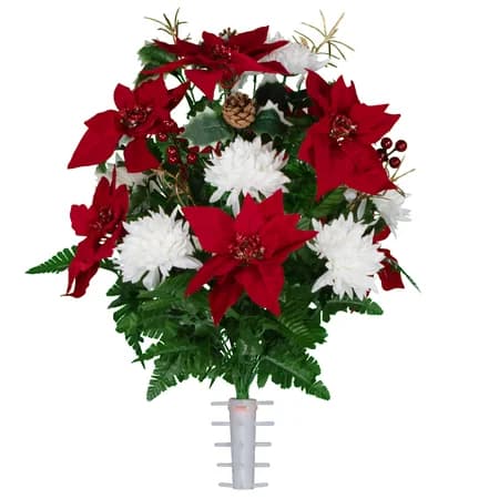 Red Poinsettias with White Mums Holly and Pinecones