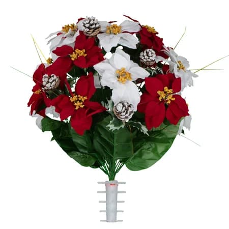 Red and White Poinsettias with Frosted Pine Cones in Georgia Grey granite