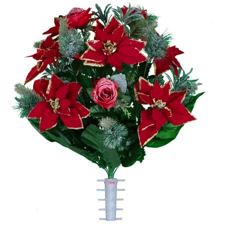 Red Poinsettias and Roses with Glitter and Frosted Pine Branches in Georgia Grey granite